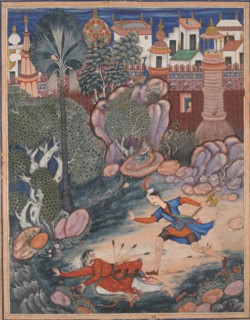 Umar Walks around Fulad Castle, Meets a Foot Soldier and Kicks Him to the Ground..., ca. 1570. Creator: Attributed to Kesav Das (.