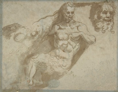 Seated satyr, with enlarged head of same (recto); head of a woman (verso), 1527-96. Creator: Pellegrino Tibaldi.