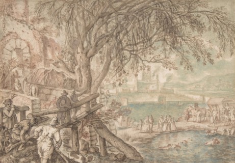 Huntsmen and Company Observing Dogs Retrieving Ducks in a Pond (The Month of April), c1610-20. Creator: Pieter Stevens.