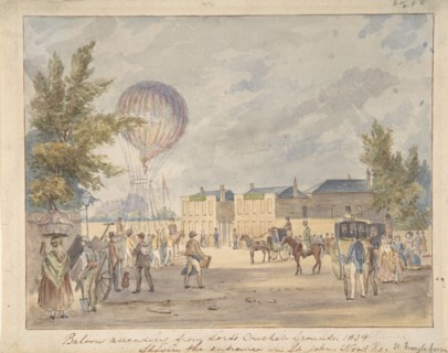 Balloon Ascending Near the Entrance to Lord's Cricket Ground, 1839, ca. 1839. Creator: After Robert Bremmel Schnebbelie.
