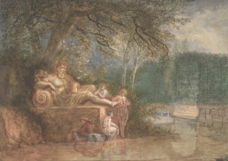 A Park with Figures at a Statue near Water, 1775 (?). Creator: Salomon Gessner.