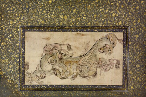 Chilins (Chinese Chimerical Creatures) Fighting with a Dragon, 16th century. Creator: Unknown.