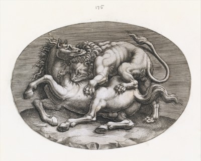 Speculum Romanae Magnificentiae: Lion Attacking a Horse, c1540-80. Creator: Adamo Scultori.