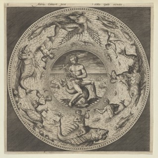 Design for a Plate with Arion Riding a Dolphin in a Medallion Bordered by Sea Monsters..., c1600. Creator: Adriaen Collaert.