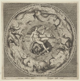Design for a Plate with Thetis on a Shell in a Medallion Bordered by Sea Monsters, c1600. Creator: Adriaen Collaert.