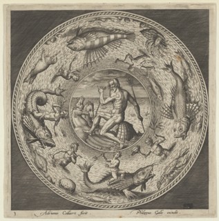 Design for a Plate with Neptune in a Shell Drawn by Horses in a Medallion Bordered by ..., c1600. Creator: Adriaen Collaert.