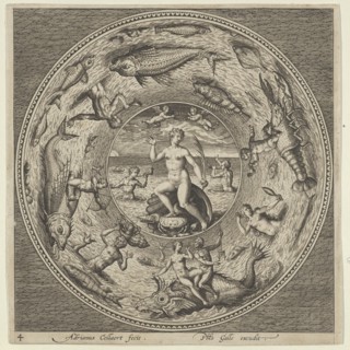 Design for a Plate with Galatea on a Shell Flanked by Trumpeters in a Medallion Border..., c1600. Creator: Adriaen Collaert.