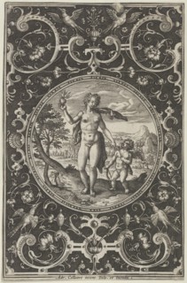 Venus and Cupid in a Decorative Frame with Grotesques, from the Judgment of Paris..., c1580-1600. Creator: Adriaen Collaert.