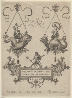 Title Plate with Two Pendant Designs Above and Neptune Standing on a Cartouche Below, 1582. Creator: Adriaen Collaert.