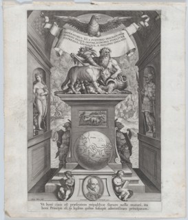 Title page for 'Roman Emperors on Horseback', ca. 1587-89. Creator: Adriaen Collaert.