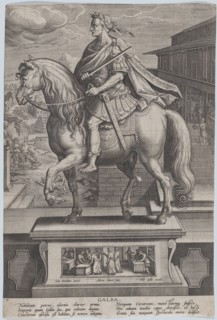 Plate 7: equestrian statue of Galba, in profile to the left, with a beheading scene..., ca. 1587-89. Creator: Adriaen Collaert.