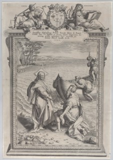 Christ calling Saint Andrew, who kneels before him on a beach, and Saint Peter, who climbs..., 1590. Creator: Adriaen Collaert.
