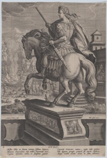 Plate 8: equestrian statue of Otho, seen from behind, his death scene in the backgr..., ca. 1587-89. Creator: Adriaen Collaert.