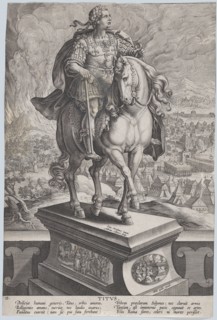 Plate 11: equestrian statue of Titus, seen three-quarters to the right, Mount Vesuv..., ca. 1587-89. Creator: Adriaen Collaert.
