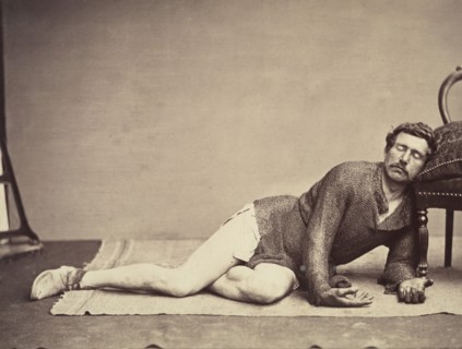 Man in Chainmail Tunic Posing as a Dying Soldier, ca. 1863. Creator: Constant Delessert.