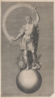 Allegorical figure of a warrior standing on a globe with the papal coat of arms a..., ca. 1588-1629. Creator: Aegidius Sadeler II.