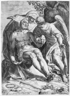Pieta; Christ supported by the Virgin and an angel at the right, 1582. Creator: Agostino Carracci.