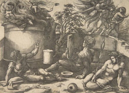 Cain holding a mirror watching his sacrifice engulfed in flames, Adam and Eve seate..., ca. 1530-50. Creator: Agostino Veneziano.
