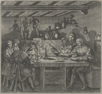 Baccio Bandinelli in his studio holding a statuette of Venus, students sketching from a mo..., 1531. Creator: Agostino Veneziano.