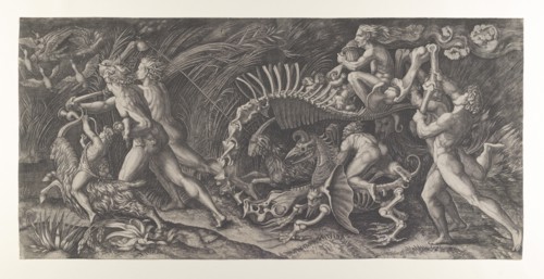 Lo Stregozzo: a female witch riding on an animal skeleton, preceded by two men and ..., ca. 1515-25. Creator: Agostino Veneziano.