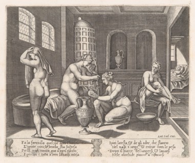 Plate 7: Psyche attended in her bath, from the Story of Cupid and Psyche as told by Apu..., 1530-60. Creator: Agostino Veneziano.