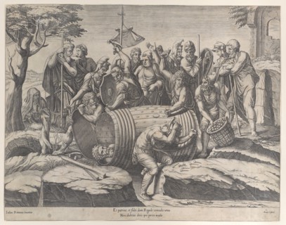 Marcus Atilius Regulus in a barrel while two men are hammering in the nails, various fi..., 1555-77. Creator: Diana Mantuana.