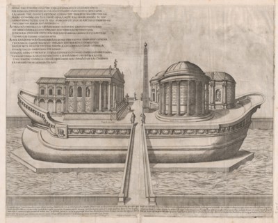 Speculum Romanae Magnificentiae: Temples on the Isle of Tiber, 1582., 1582. Creator: Etienne Duperac.