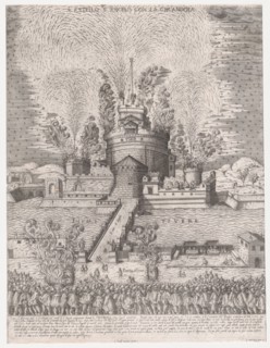 Speculum Romanae Magnificentiae: The Girandola at the Castel Sant'Angelo, Rome, 1579, 1579., 1579. Creator: Giovanni Ambrogio Brambilla.