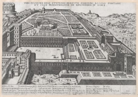 Speculum Romanae Magnificentiae: Aerial View of the Belvedere and its Gardens, 1579., 1579. Creator: Attributed to Giovanni Ambrogio Brambilla.
