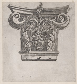 Speculum Romanae Magnificentiae: Capital with peapod volutes and satyr head, ca. 1537., ca. 1537. Creator: Master GA.