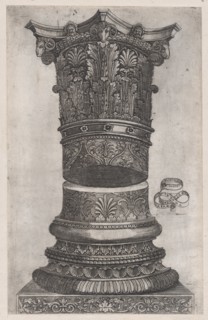 Speculum Romanae Magnificentiae: Decorated capital and base in the Temple of Jupiter, ..., ca. 1537. Creator: Attributed to Master G.A..