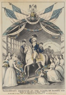 Washington's Reception by the Ladies on Passing the Bridge at Trenton, N.J., April 1789, o..., 1845. Creator: Nathaniel Currier.