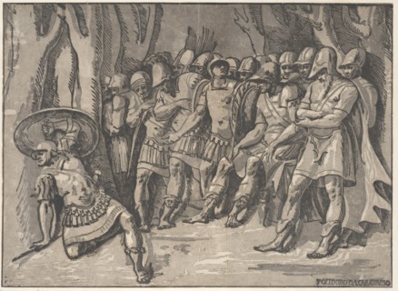 Ajax lower left holding a shield aloft, at the right stands Agamemnon surrounded by his..., 1540-50. Creator: Niccolo Vicentino.