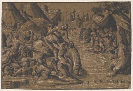 Cloelia the Roman hero in the centre being helped onto a horse, Rome in the background,..., 1540-50. Creators: Niccolo Vicentino, Maturino da Firenze.