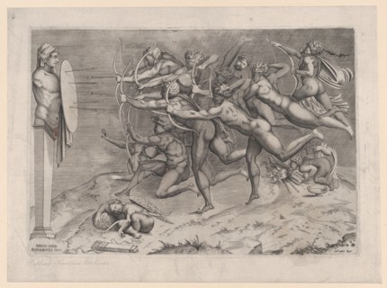 Naked archers shooting at a target attached to a herm, Cupid sleeping below, possib..., ca. 1540-60. Creator: Nicolas Beatrizet.