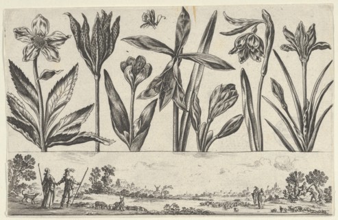 Horizontal Panel with a Row of Flowers Above a Frieze with Figures in a Landscape, from Li..., 1645. Creator: Nicolas Cochin.