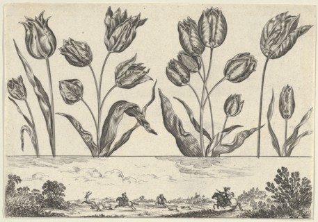 Horizontal Panel with a Row of Flowers Above a Frieze with a Hunting Scene in a Landscape,..., 1645. Creator: Nicolas Cochin.
