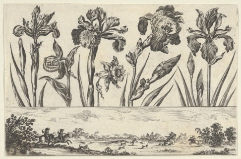 Horizontal Panel with a Row of Flowers Above a Frieze with a Hunting Scene in a Landscape,..., 1645. Creator: Nicolas Cochin.