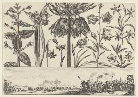 Horizontal Panel with a Row of Flowers Above a Frieze with a Battle Scene in a Landscape, ..., 1645. Creator: Nicolas Cochin.