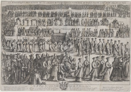 The procession of the casket of St. Genevieve, with clerics and laymen marching in six row..., 1652. Creator: Nicolas Cochin.