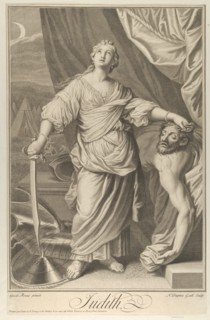 Judith standing and looking up, holding the head of Holofernes in her left hand and..., ca. 1718-61. Creator: Nicolas-Gabriel Dupuis.