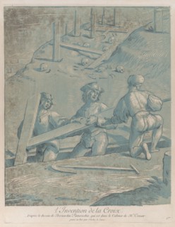 The invention of the cross; three men lifting a cross from a trench; from 'Recueil ..., ca. 1729-64. Creator: Nicolas Le Sueur.