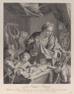The Virgin holding a cloth above the sleeping Christ child, with musical angels and th..., ca. 1729. Creator: Nicolas Pigne.