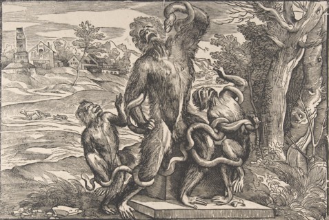 Caricature of the scuptural group, 'the Laocoön', ca. 1540-45., ca. 1540-45. Creator: Attributed to Nicolò Boldrini.