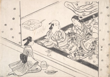 Lady Playing Shamisen, with Her Lover and Attendant Nearby. Creator: Nishikawa Sukenobu.