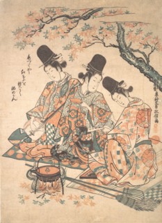 Parody of Palace Servants Heating Sake over a Fire of Maple Leaves , ca. 1750., ca. 1750. Creator: Okumura Masanobu.