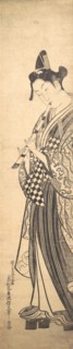 Young Man Walking Toward the Left on High Geta and Playing the Flute as He Walks, ca. ..., ca. 1745. Creator: Okumura Masanobu.