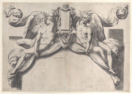 Two angels supporting a cartouche or shield, 1568-77., 1568-77. Creator: Orazio de Sanctis.