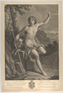 Saint John the Baptist in the desert, seated on a rock and pointing upward with his left h..., 1770. Creators: Guido Reni, Pedro Pascual Moles.