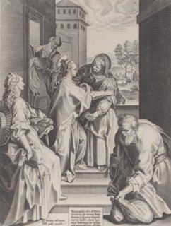 The Visitation, the Virgin and Saint Elizabeth embracing in the center, flanked by other f..., 1589. Creator: Unknown.